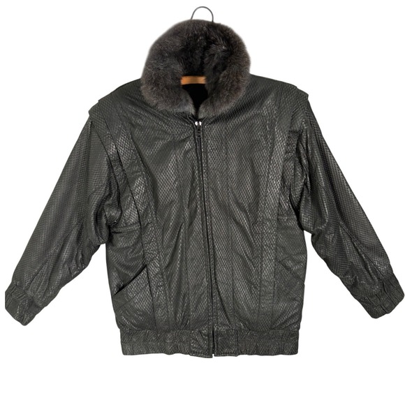 VTG Andrew Marc Sz S Black Diamond Embossed Leather Bomber Jacket Opossum 3 in 1